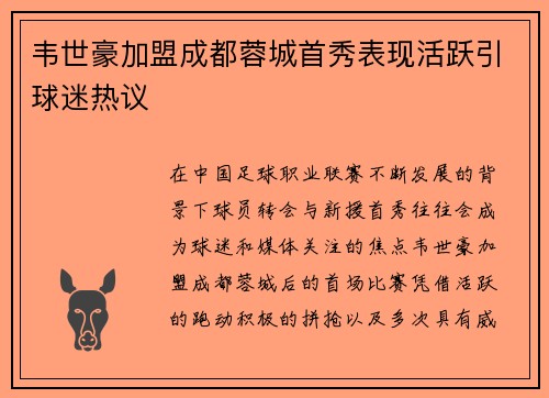 韦世豪加盟成都蓉城首秀表现活跃引球迷热议